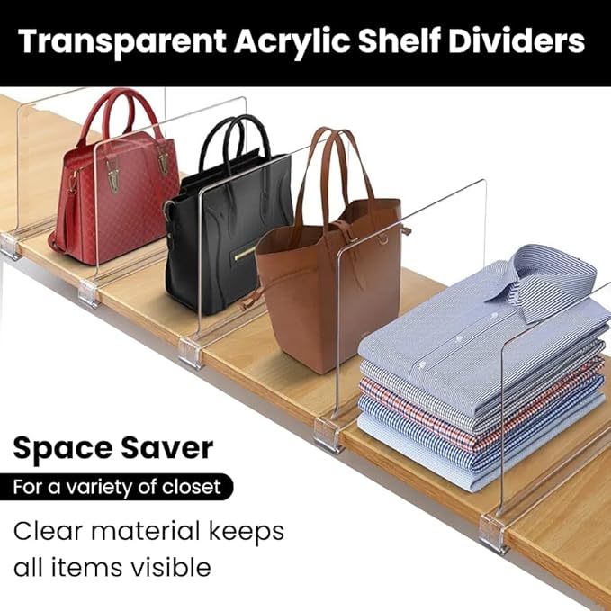 Acrylic Shelf Dividers 8 Pack – Heavy Duty Clear Shelf Dividers for Closets, Cabinets & Shelves – Closet Dividers for Clothing, Handbags & Home Organization