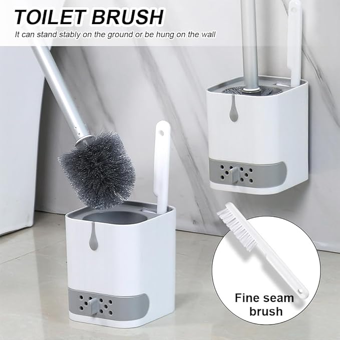 Toilet Brush and Holder Set with Fine Seam Brush, Toilet Bowl Brush Head with Ventilated Holder, Wall Mounted Toilet' Scrub Brushes Set for Bathroom Deep Cleaning(Color:White Grey)