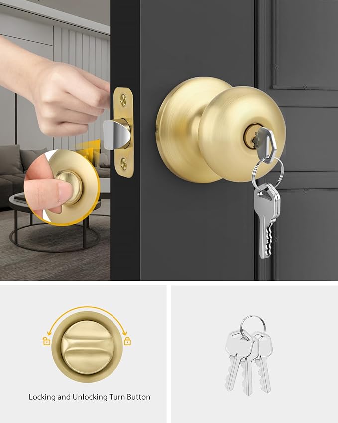 Goldenwarm Keyed-Alike Gold Exterior Door Knob with Lock and Key, Front Door Knob, Brushed Gold Door Knobs Exterior Entry 1 Pack