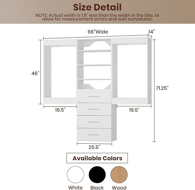 ROOMTEC Modular Closet System, 66" Wall-Mounted Closet Organizer with Drawers and Hanging Rods, Wooden Tower for Walk-In Closets, Wardrobe Storage Kit, White