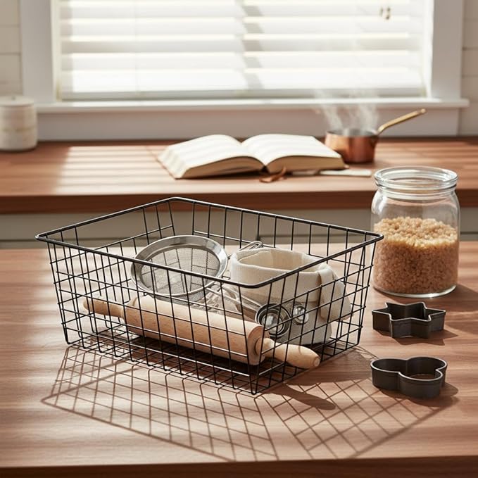 Kitchen Wire Baskets Farmhouse Decor Metal Food Storage Organizer,Household Refrigerator Bin with Built-in Handles for Cabinets,Pantry,Bathroom,Black