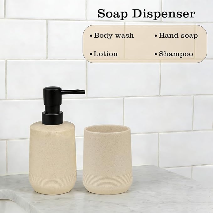 Bathroom Accessories Set, 2Pack Soap Dispenser & Toothbrush Holder in Warm Beige, Handcrafted Resin Texture, Minimal Boho Decor for Vanity & Bathroom Cabinet