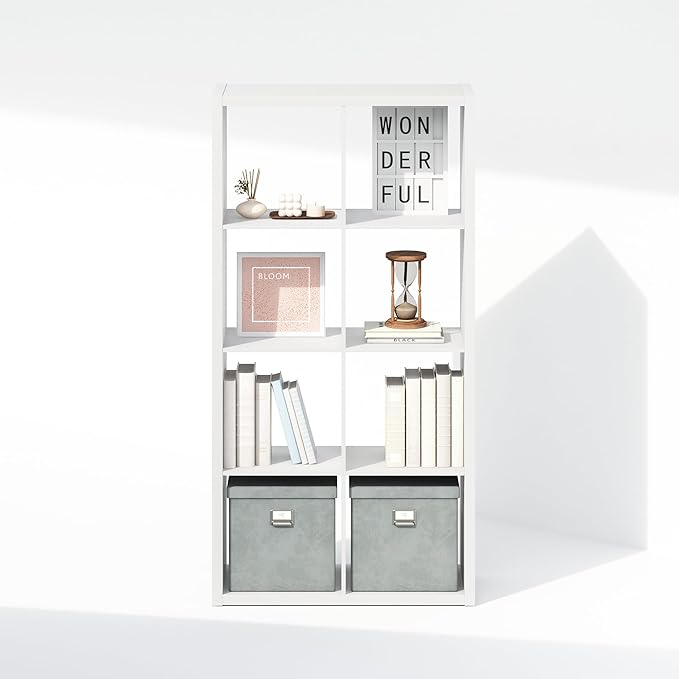 Furinno Simple Cube Storage Organizer, 8-Cube Display Shelf, Open Back Shelving Unit, Storage Shelves, Extra Thick Frame, for Organization and Storage, Living Room, Home Office, White