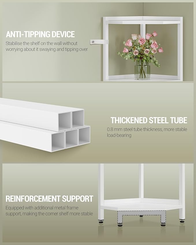 Corner Shelf Stand, Corner Bookshelf, Storage Standing Shelf Unit with Metal Frame, Plant Stand, Bookcase for Living Room, Home Office, Bedroom, 5-Tier White CS05913W