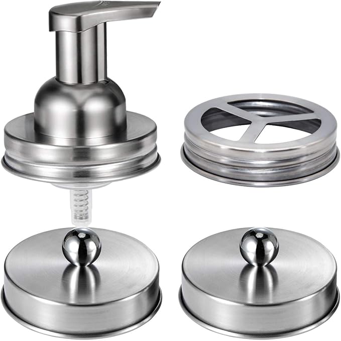 Mason Jar Bathroom Accessories Set(4pcs)- Jars Not Included - Foaming Soap Dispenser,Toothbrush Holder, and Apothecary Storage Jars Lids -Rustic Farmhouse Decor,Brushed Nickel