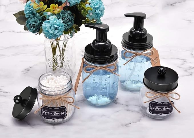 Amolliar Mason Jar Foaming Soap Dispenser, Plastic Pump Rustproof Stainless Steel Lid, Waterproof Label, Rustic Farmhouse Decor Hand Soap Dispenser, Dish Soap for Bathroom, Kitchen, Bath, Black 2 Pack