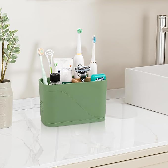Toothbrush Holders for Bathrooms, Electric Tooth Brush Holder with Bamboo Dividers Kids Toothbrush and Toothpaste Organizer for Bathroom Countertop Accessories Storage, 4 Slots, Green