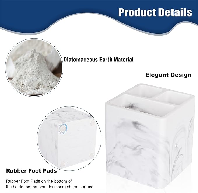 Diatomite Toothbrush Holders for Bathrooms, Electric Toothbrush and Toothpaste Holder 3 Slots Tooth Brush Organizer for Bathroom Countertop, Shower, Vanity - Marble White