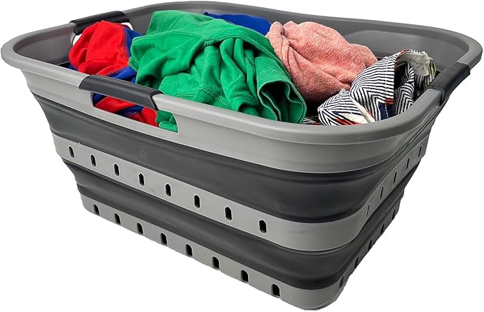 SAMMART 42 (11 Gallons) Collapsible Plastic Laundry Basket, Foldable Pop Up Storage Container/Organizer, Space Saving Hamper, Portable Bin for Dorm Room Bathroom (1, Grey/Black)