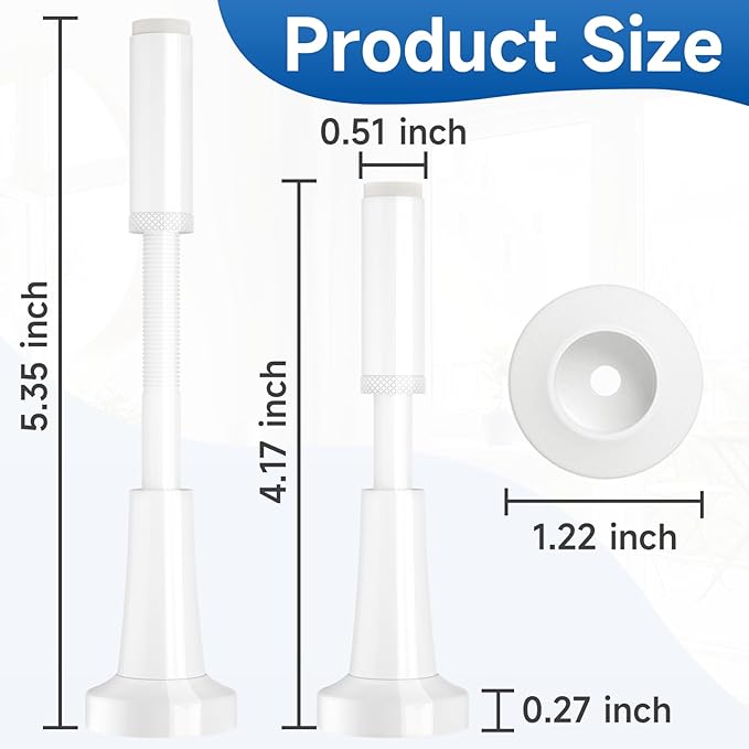 4pcs Adjustable Spring Door Stops, 4.17-5.35in Aluminum Long Door Stoppers with Silicone Tip, Matte Black Door Stop for Bottom of Door, Screw & Adhesive Installation, White