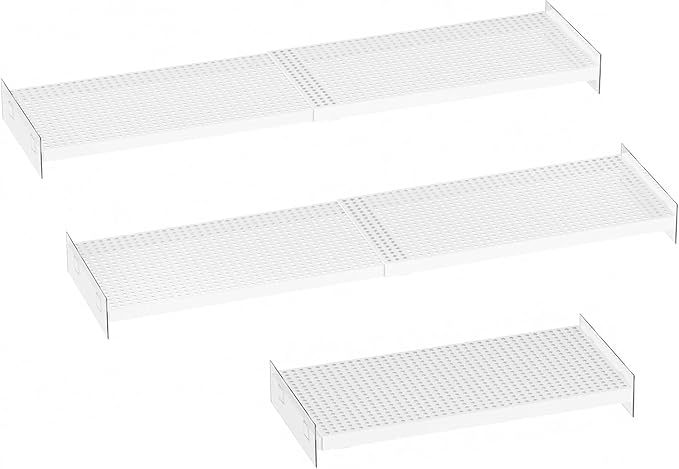 Expandable Closet Tension Shelves, 3 Packs Metal Storage Racks Organizer,DIY Perforated Dividers Separators for Cabinet Wardrobe Cupboard Kitchen (White,7.9" D x 17"-31" W,3PCS)