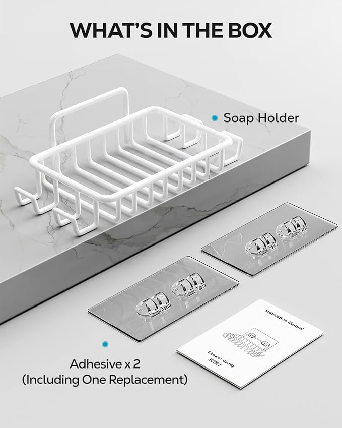 Nieifi Bar Soap Holder for Shower Wall with 4 Hooks, Stainless Steel Adhesive Soap Dish for Bathroom, White