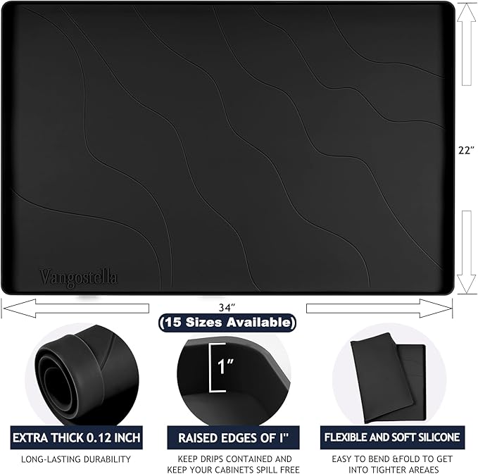 Heavy Duty Silicone Under Sink Mats for Kitchen Waterproof 37" x 19", Extra Thick Under Sink Rubber Mat Drip Tray, Raised Edge Under Sink Liner,Prevent Drips, Leaks, Spills,Black