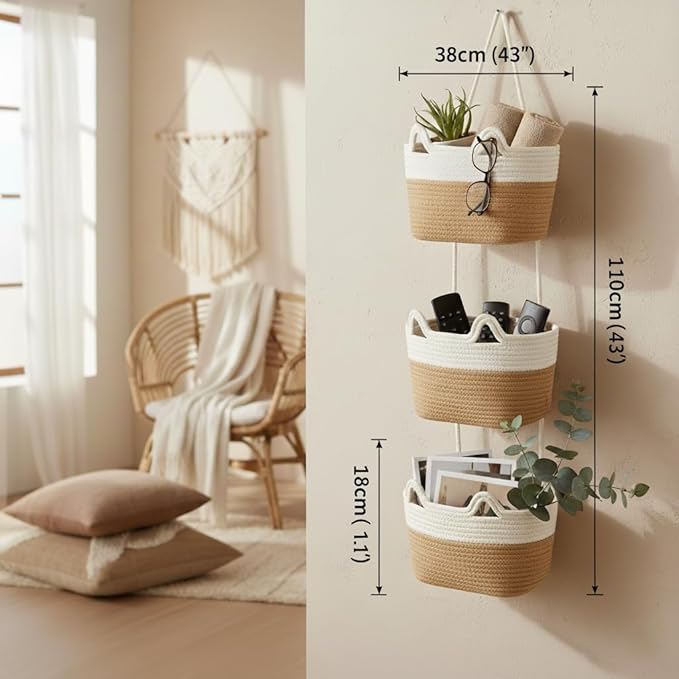 Britwicfr Wall Hanging Baskets, 3-Tier Cotton Over Door Organizer, Decorative Hanging Wall Basket for Wall, Door, Nursery, Living Room, Bathroom, Cat-Like Design Boho Decor, White & Jute