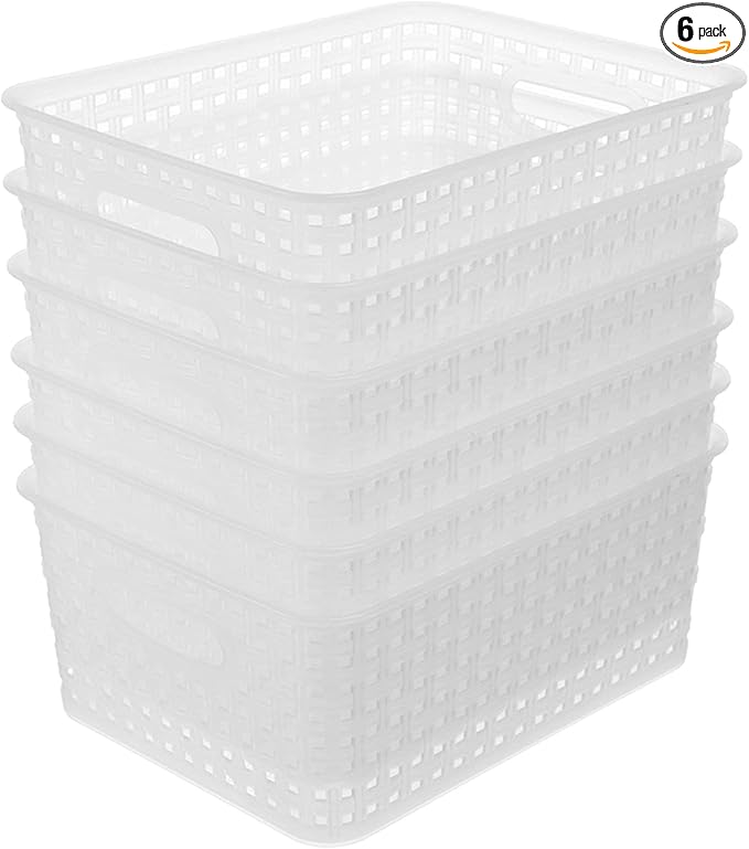 Clear Plastic Woven Storage Basket, 6-Pack Weave Basket Organizer for Kitchen Offices Bathrooms