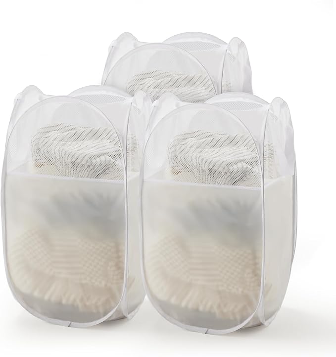 TECHMILLY Pop Up Foldable Laundry Basket, Mesh Laundry Hamper with Reinforced Handles for Dirty Clothes Storage in Dorm, Laundry Room, Bathroom, White(Fabric), 3 Pack