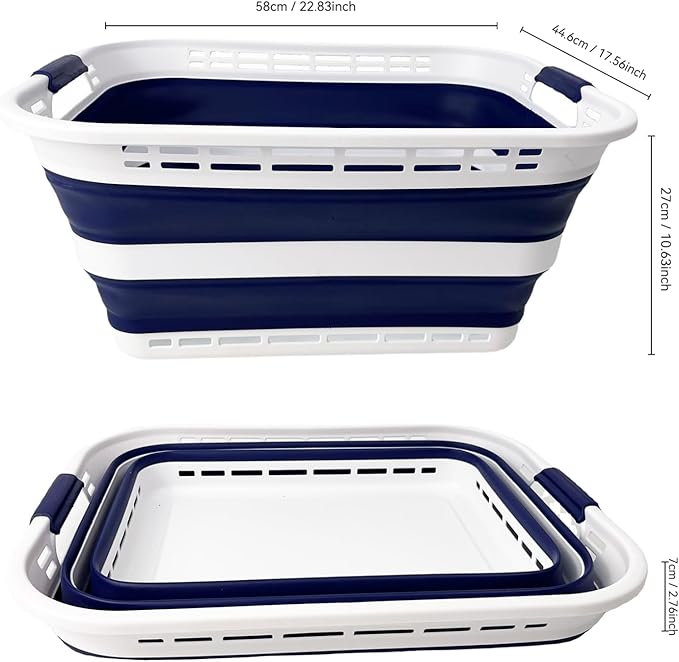 SAMMART 42L (11 Gallons) Collapsible Plastic Laundry Basket - Foldable Pop Up Storage Container/Organizer - Portable Washing Tub - Space Saving Hamper/Basket [BPA Free] (White/Starry Blue (Set of 2))