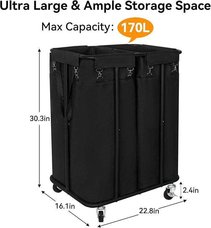 WOWLIVE Double Laundry Hamper with Wheels 170L Rolling Laundry Basket Organizer Laundry Cart with Steel Frame and Removable Bags Large Dirty Clothes Hamper Dorm Room Storage for Bedroom (Black)