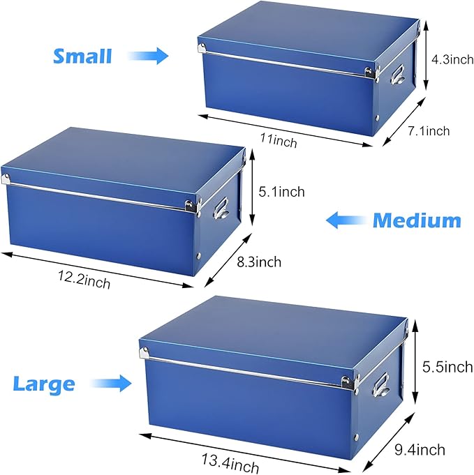 SEEKIND photo boxes storage, storage boxes with lids and Handles, 3 in 1 Set, Multiple Size(Small/Medium/Large) Plastic Box for Photos, Document, Cosmetic, Socks, Snacks, Etc(Blue)
