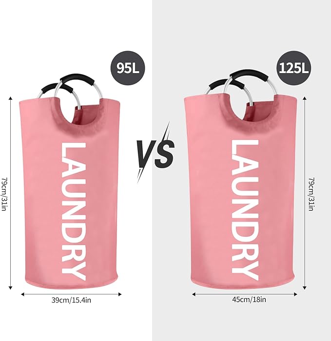 WOOHA 125L Large laundry basket,Collapsible laundry hamper, Tall Clothes Baskets Folding Washing Bin Foldable Fabric Hamper Bags for Bedroom, Closet,Bathroom,College,laundry bag,pink