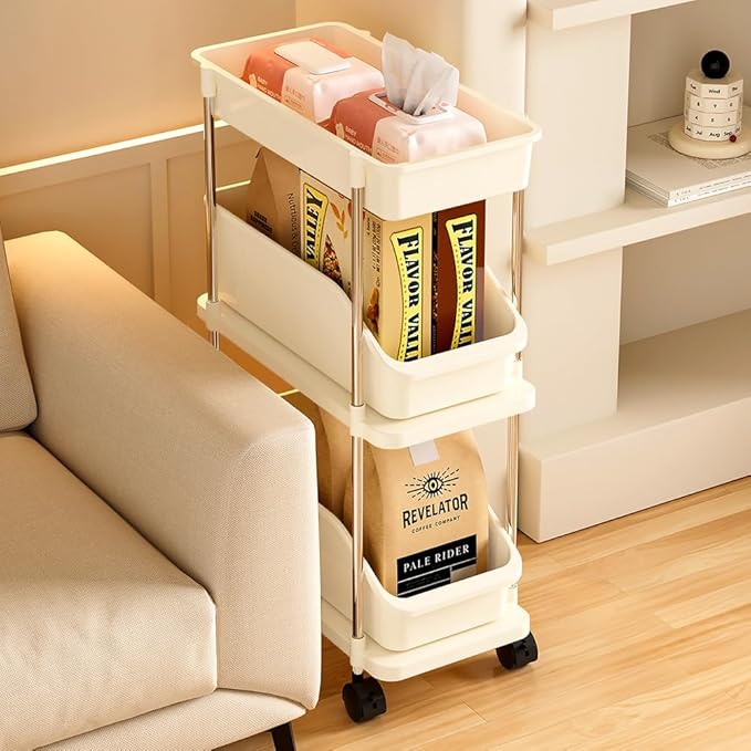 Slim Storage Cart 3 Tier Slim Rolling Utility Cart with Pull-Out Baskets & Wheels for Narrow Space in Kitchen Dining Room Bathroom Laundry Room Cream White (Width 6.3 Inches)
