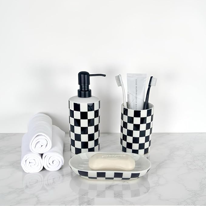 Bathroom Toothbrush Holder Set, Ceramic Soap Dispenser and Tooth Brush Holder and Soap Dish Set, Bathroom Accessories Sets Countertop, Black and White Checkered Bathroom Decor Set