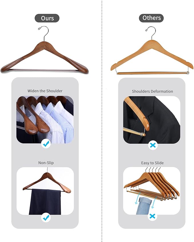Nature Smile Luxury Wooden Suit Hangers 6 Pack Wood Coat Hangers Jacket Outerwear Shirt Hangers,with Extra-Wide Shoulder, 360 Degree Swivel Hooks & Anti-Slip Bar with Screw(Retro Color)
