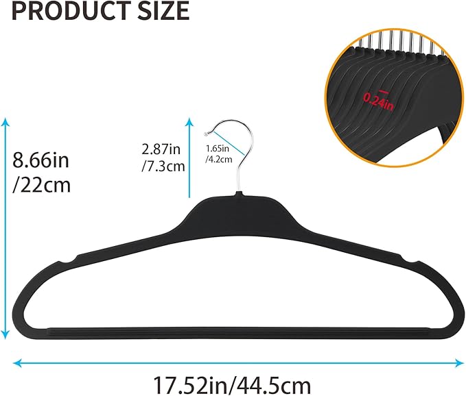 Non-Slip Rubber Coated Hangers, 30 Pack Plastic Clothes Hangers with 360° Swivel Hook 17.7 Inches Slim Space Saving Hangers for Adult Clothes Shirts Dresses Pants, Black
