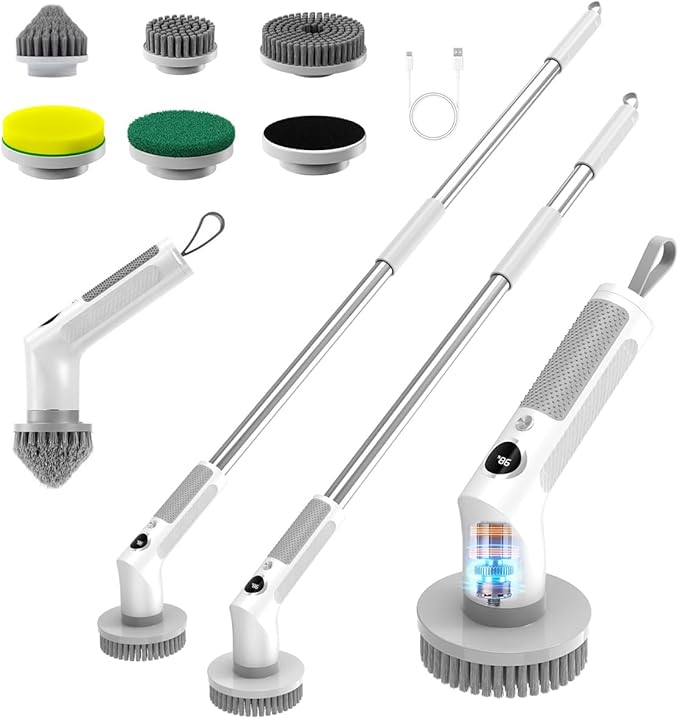Electric Spin Scrubber, Cordless Cleaning Brush with 6 Replaceable Brush Heads, IPX7 Waterproof Bathroom Scrubber with Adjustable Extension Handle & Battery Level Display for Bathroom Kitchen Car