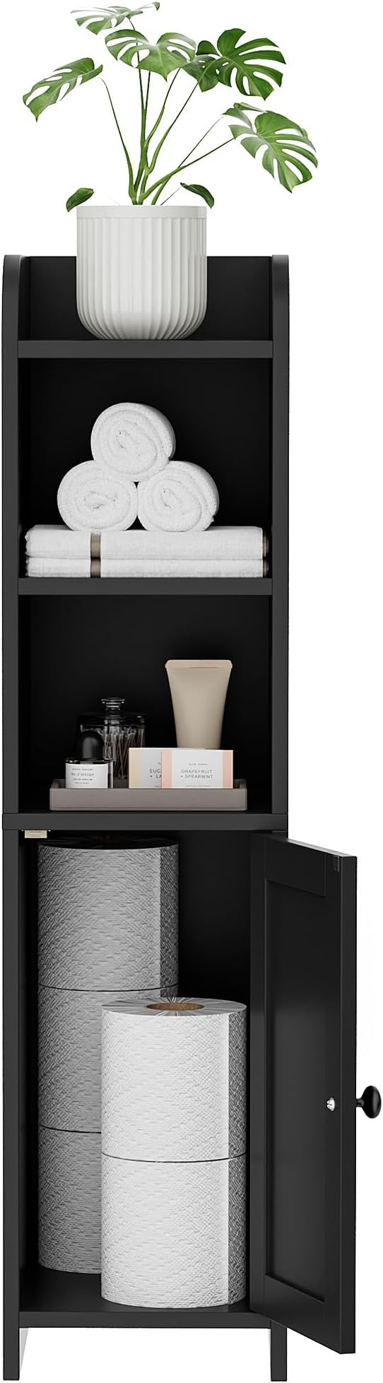 Homhedy Small Bathroom Storage Corner Floor Cabinet with Door and Shelves, Beside The Toilet Paper Stand for Skinny, Narrow Toilet Paper Cabinet, 9.8" D x 7.9" W x 31" H, Black
