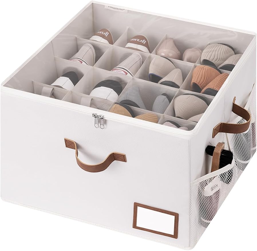 StorageWorks Shoe Organizer for Closet, Fits up to 16 Pairs, Shoe Cubby Storage Containers with Side Mesh Pocket and Clear Cover, Beige