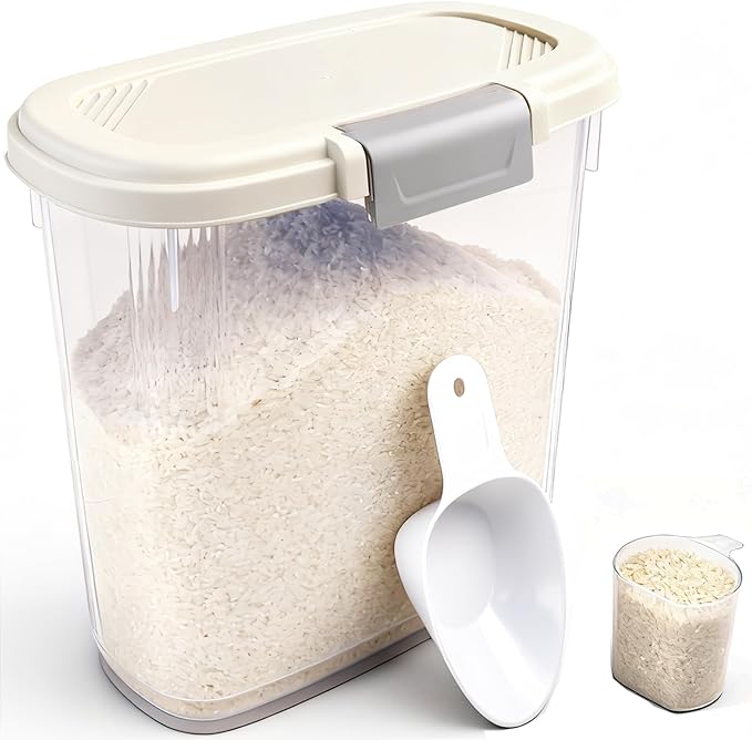 Large Rice Storage Container 15-20 Lbs, Tall Flour Container with Scoop + Cup - Slim Dry Food Storage Bin for Cereal, Sugar, Beans, Pet Dog Cat Food Container - Kitchen and Pantry Storage Organization