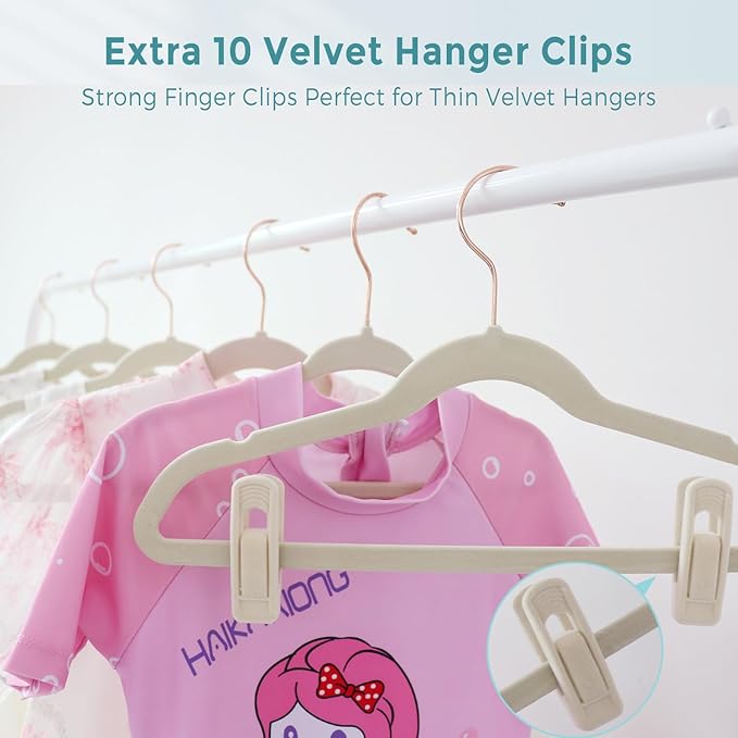 50-Pack 11 Inch Baby Closet Hangers with 10 Clips - Soft Velvet Non-Slip Hangers for Infant & Toddler Clothes (Beige)