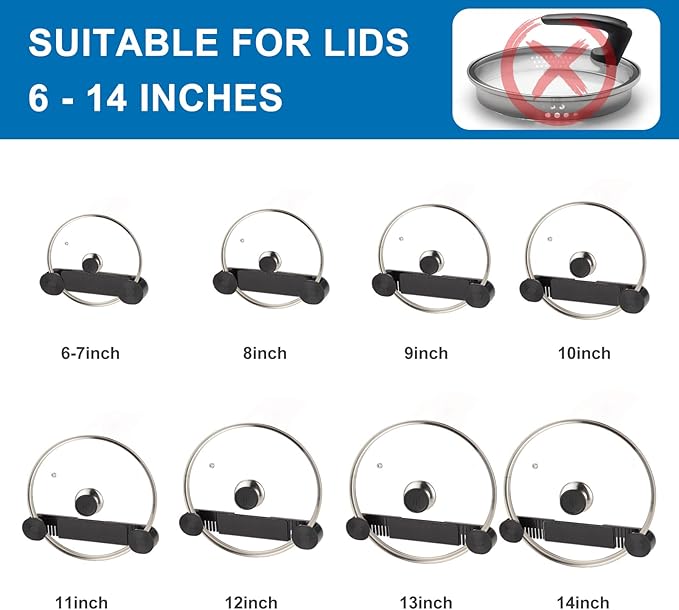 New Upgrade 4 Pack Adjustable Pot Lid Holder, Lid Organizer Fits 6" to 14" Lids, with Screw Hole Position and Sticky Wall Mounted Lid Storage Kitchen Cabinets, Cabinet Doors (Black)