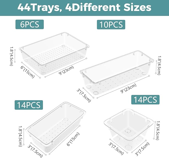 WOWBOX 44 PCS Clear Plastic Drawer Organizer Set, 5 Varied Size storage Bins and Desk Drawer Organizer Trays for Makeup, Gadgets, Jewelry and Utensils in Bathroom, Bedroom and Office, Clear