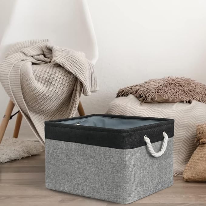 Sacyic Organization and Storage Bins for Shelves - 17X15X12 inch 2 Pack Foldable Baskets for Organizing, Fabric Storage Cubes with Rope, Storage Box for Decorative Cloth (Black & Grey)