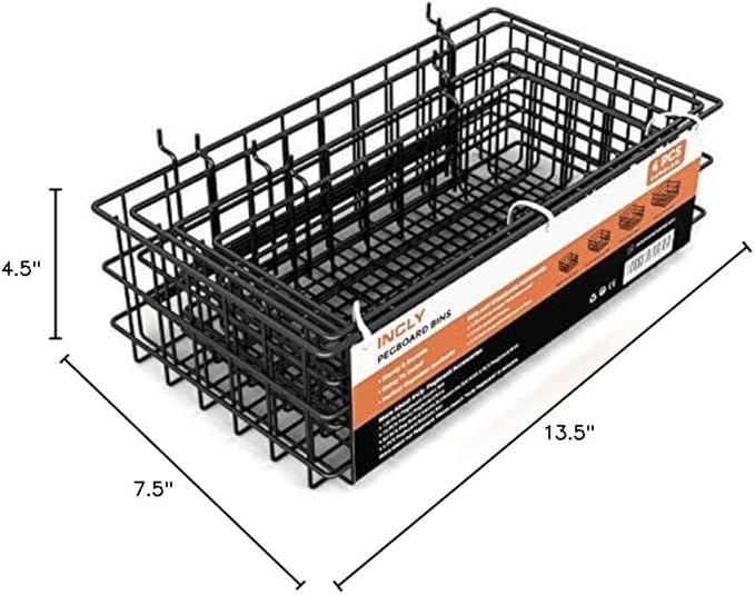 INCLY 4 Pack Pegboard Baskets Bins Set, 4 Size Square Style Black Metal Wire Basket for Any Peg Board Organizing Tools, Pegboard Accessories for Workbench Garage Wall Storage Attachments