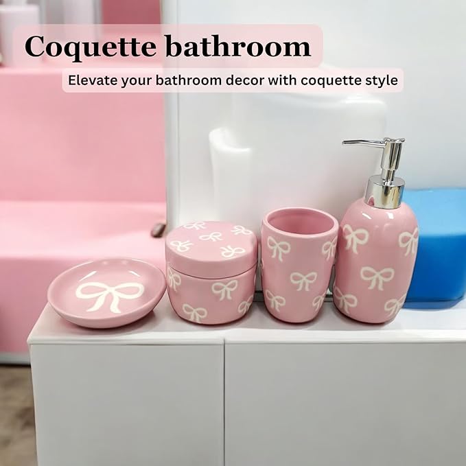 Bow Bathroom Set, 4 Pcs Ceramic Bathroom Accessory Sets - Soap Dispenser, Tumbler Toothbrush Holder, Vanity Soap Tray, Cotton Swab Jars - Pink Bathroom Decor Gift for Her (Pink)
