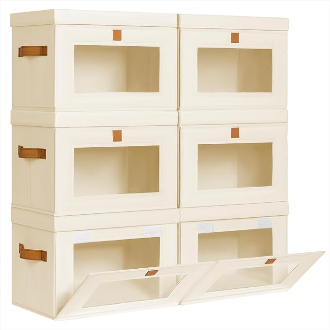 Small Fabric Storage bins - Collapsible Storage Bins with Open Window, 6 Pack Closet Baskets for Shelves, Stackable Decorative Boxes for Home, Dorm, Beige, 13.7"x 9.8" x 9.8"