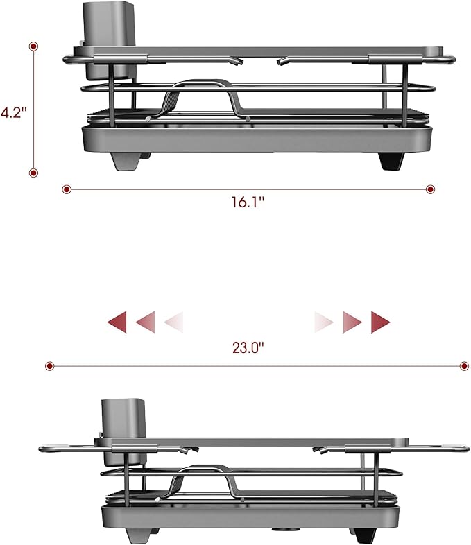 Extendable Dish Drying Rack Over Sink with Dish Drainer, Sink Organization and Storage Essentials with Silverware & Utensil Holder, Home and Apartment Decor, 12" W x 16.1~23" L, Silver