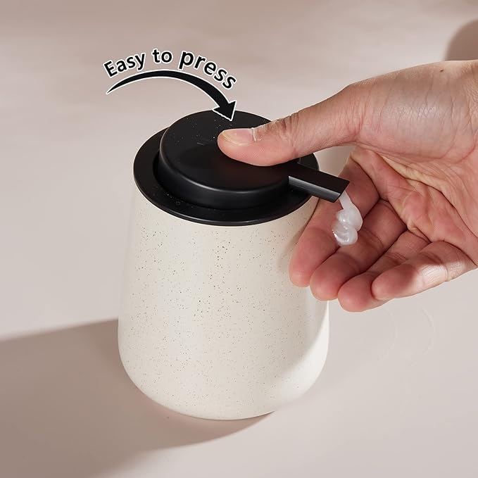 12Oz Beige Soap Dispenser Set - Ceramic Speckled Lotion Hand Soap Dispenser Set with Easy-to-Press Black Pump, Refillable Mordern Liquid Dish Soap Dispensers for Bathroom & Kitchen, 2 Pack