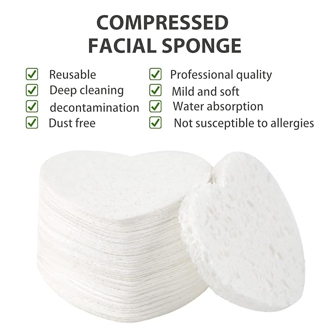 100-Count Compressed Facial Sponges for Estheticians Heart Shape Natural Cellulose Sponge Cosmetic Spa Sponges for Face Cleansing, Massage, Pore Exfoliating, Mask, Makeup Removal, White+Pink