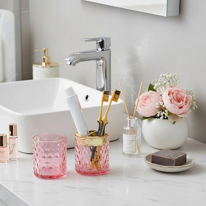 2pcs Pink Toothbrush Holders for Bathrooms, Glass Toothbrush Holder and Bathroom Tumbler Cup Set, Gold Bathroom Tooth Brush Cup Organizer for Brushes,Toothpaste and Razor