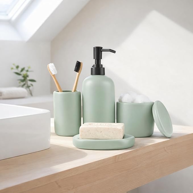 Ceramic Bathroom Accessories Set 4 Pcs – Modern Scandinavian Neutral Bathroom Soap Dispenser Set with Toothbrush Holder, Soap Dish & Cup – Minimalist Bathroom Accessory Set Decor - Sage Green