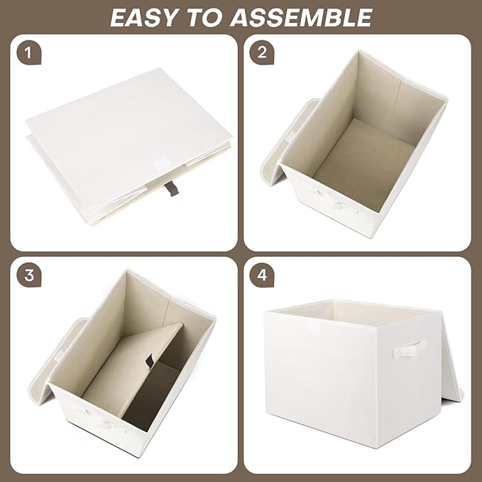 Large 17" 42 Quarts Collapsible Stackable Storage Bins with Lids [3-Pack] Foldable Fabric Linen Storage Boxes Cube, Closet Organizer Baskets with Label (16.7 x 12 x 12, White)