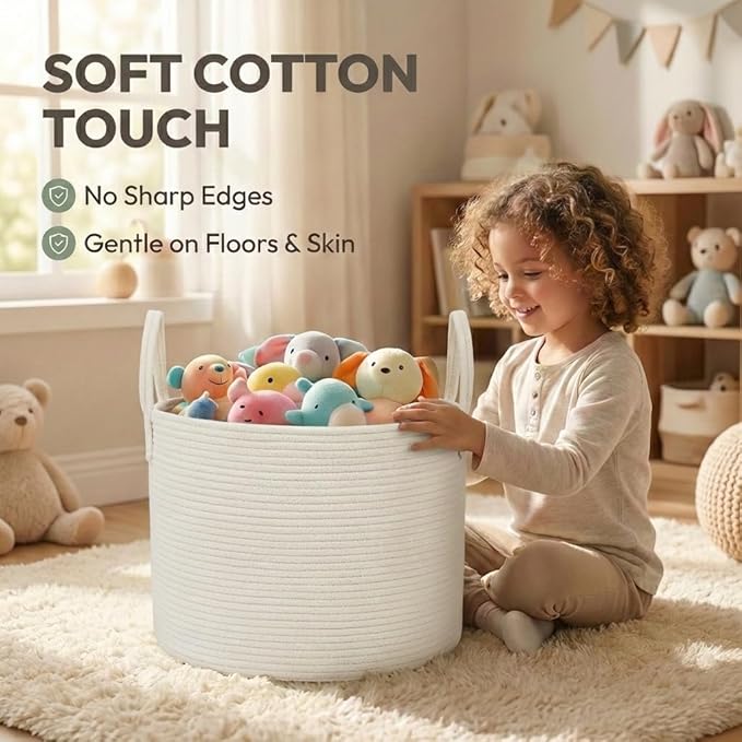 115L Extra Large Blanket Basket for Living Room - Woven Cotton Rope Laundry Hamper with Reinforced Handles - Storage Bin for Pillows, Comforters & Toys - Machine Washable,White