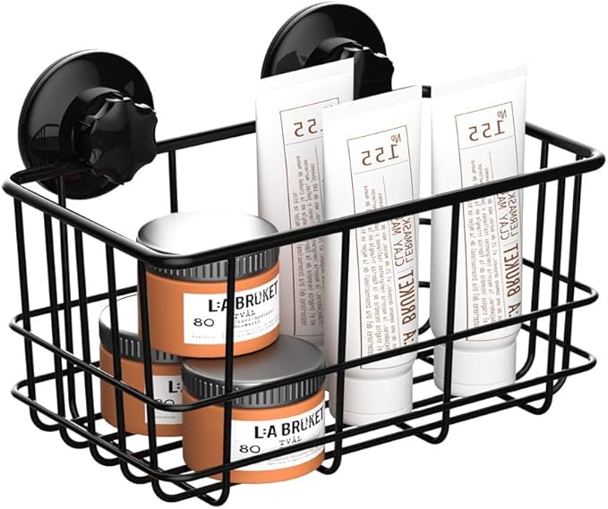 SANNO Suction Cup Shower Caddy Basket for Shampoo Combo Organizer Bathroom Basket Stainless Steel Holder for Bathroom Storage, Black