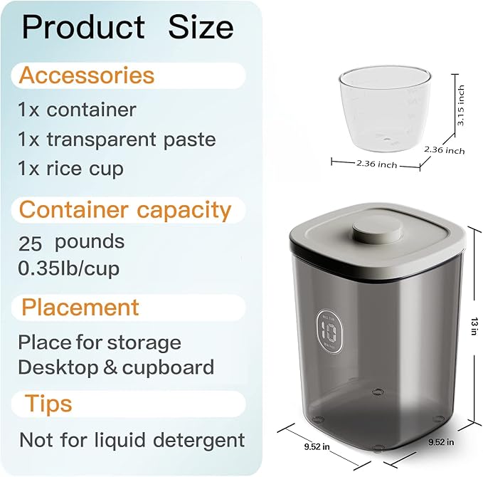 LivLab 25 lbs Rice Dispenser,10.5 Qt/10 L/22-25 lbs Rice Container Storage with Measuring Cup & Brush Food Cereal Container Bins Household for Kitchen Pantry Organization (AY-10KG-GREY)