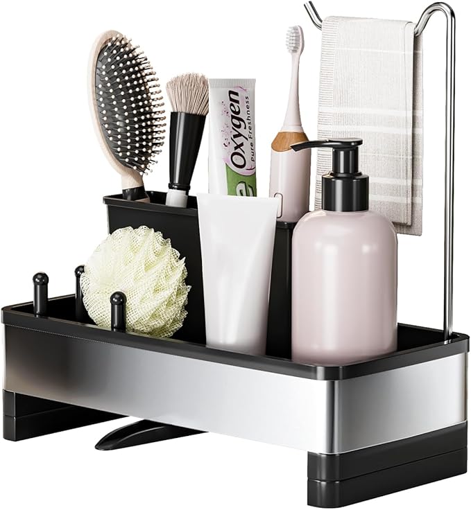 Ewaiira Stainless Steel Sink Caddy, Sponge Holder for Kitchen Sink with Brush Holder & Dishcloth Rack, Rustproof Sink Organizer Countertop, Kitchen Organizers Storage Essentials (D-Black)