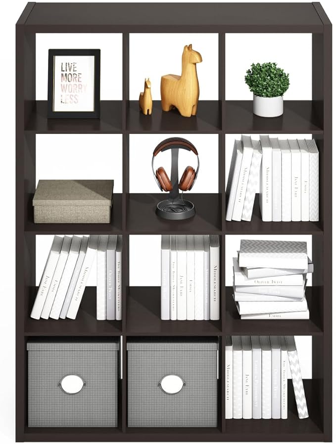 Furinno Simple Cube Storage Organizer, 12-Cube Display Shelf, Open Back Shelving Unit, Storage Shelves, Extra Thick Frame, for Organization and Storage, Living Room, Home Office, Dark Oak